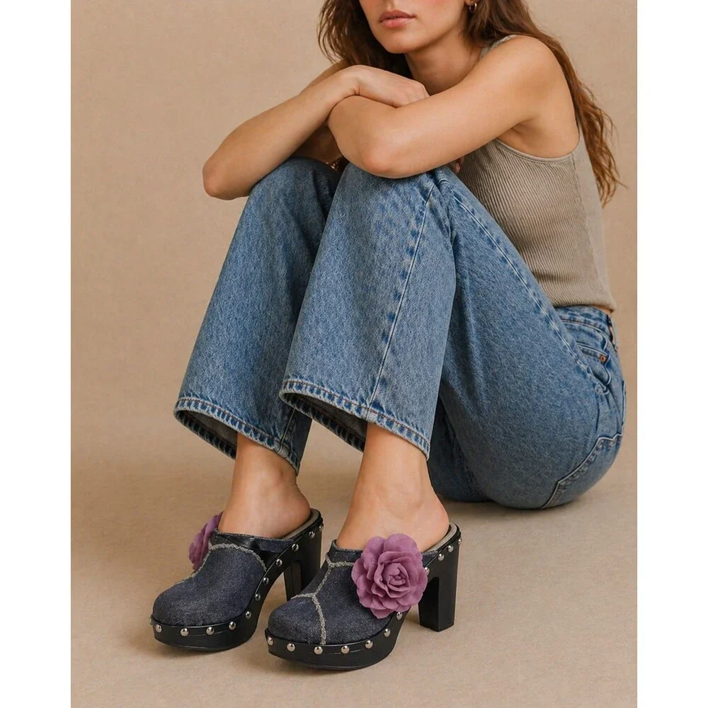 ShoeDazzle Women’s Denim Floral Platform Heels Open Toe Studded Mules Sz 7 - Picture 1 of 12